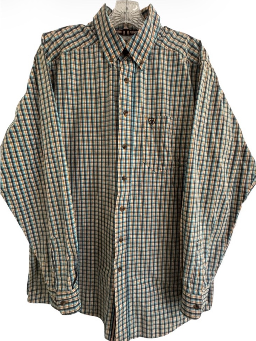 Ariat Men's Pro Series Teal Gold Plaid Long Sleeve Shirt Large Tall SKU 15